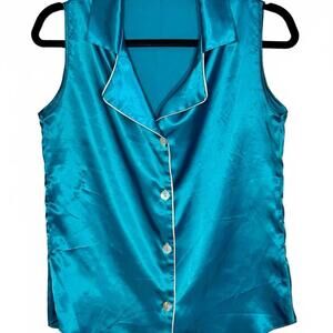 Turquoise Sleeveless Silky Button-Down Blouse - Effortless Summer Style